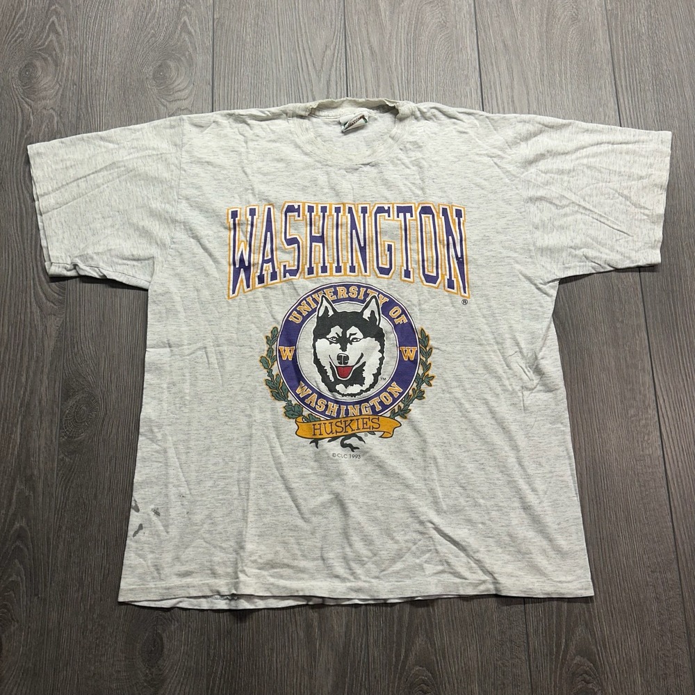 Vintage 1993 University of Washington Huskies T-Shirt Penmans Grey L Distressed